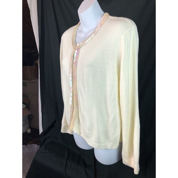 Vintage Cardigan Sweater XL Ivory Sequins Long Sleeve Fairy Coquette Y2K 90s - Picture 2 of 6